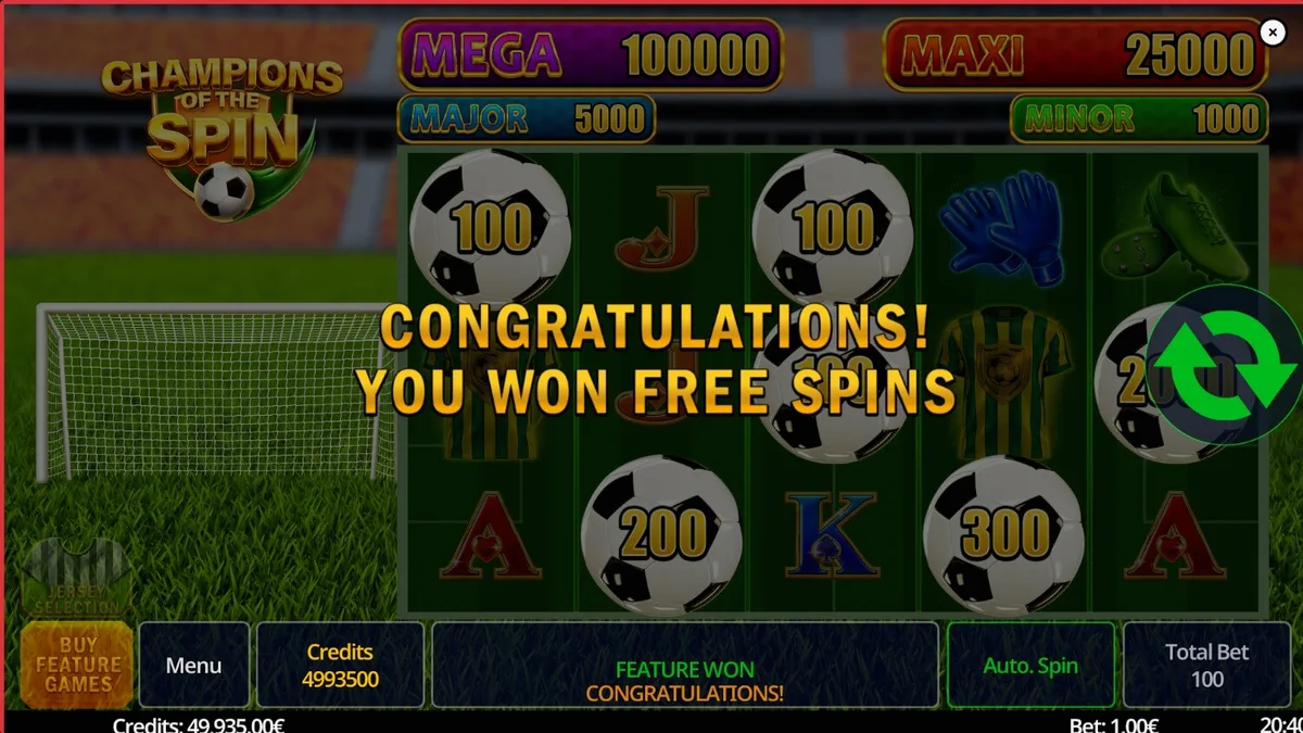 Interface do jogo de slot Champion of The Spin com tema de futebol