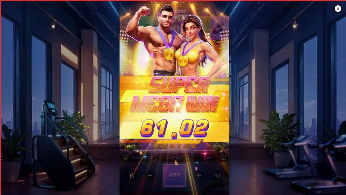 Interface do slot Mighty Mania com tema de academia e neon