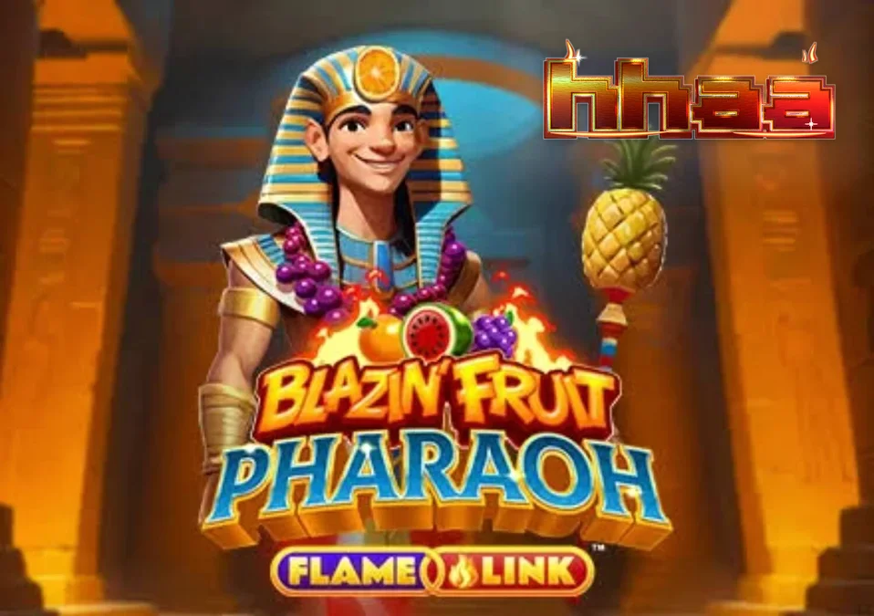 Interface vibrante do slot Blazin’ Fruit Pharaoh FlameLink com símbolos de frutas e o Faraó